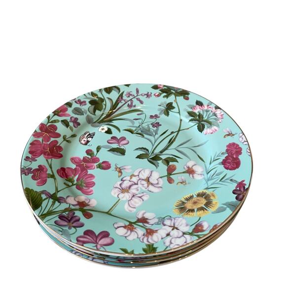 Grace Teaware Fine Porcelain 9in Salad Plates Aqua Blue Floral Set of 4 New - Picture 4 of 15